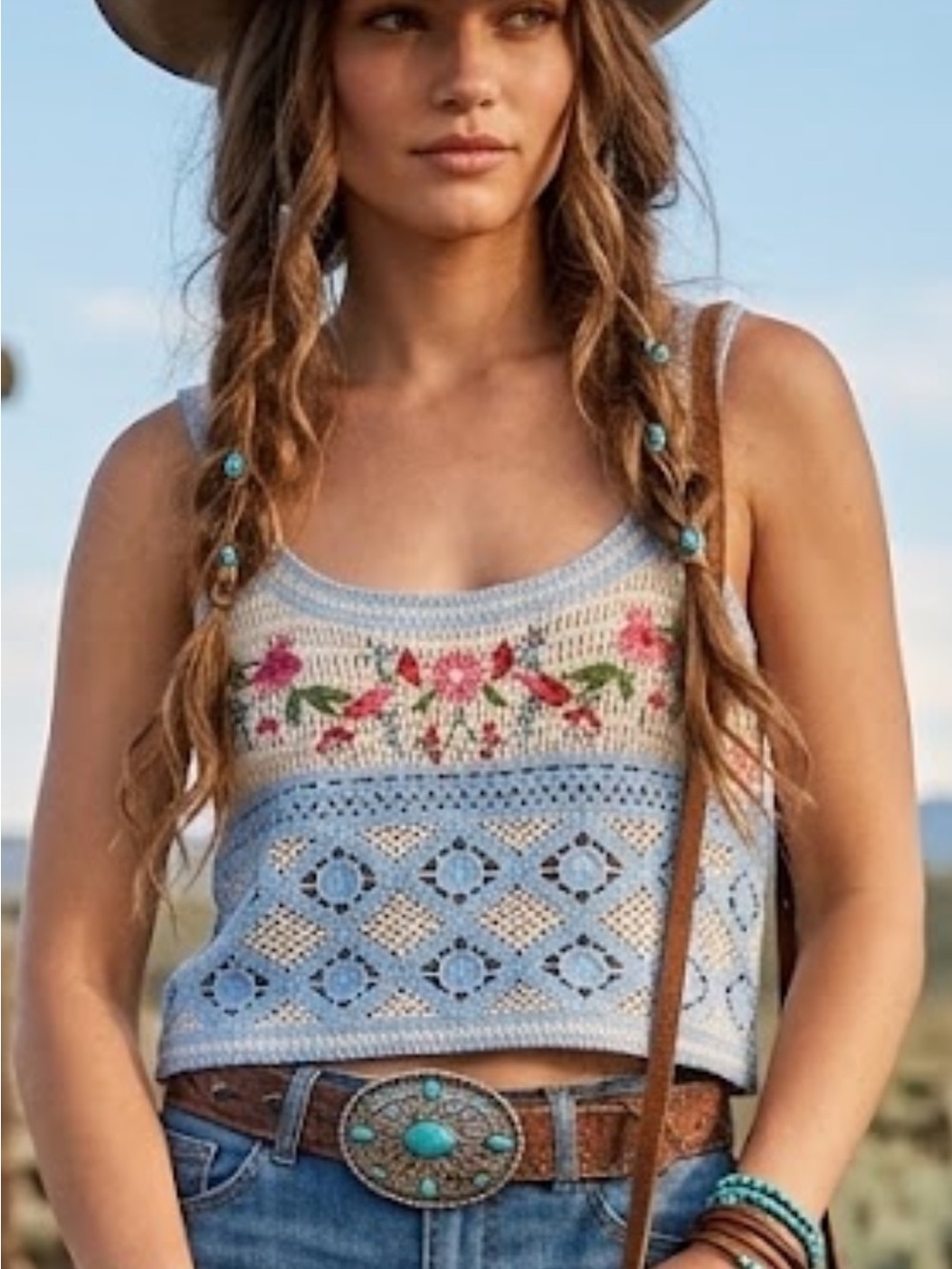 Source Unknown Light Blue and Cream Crochet Crop Top with Floral Embroidery